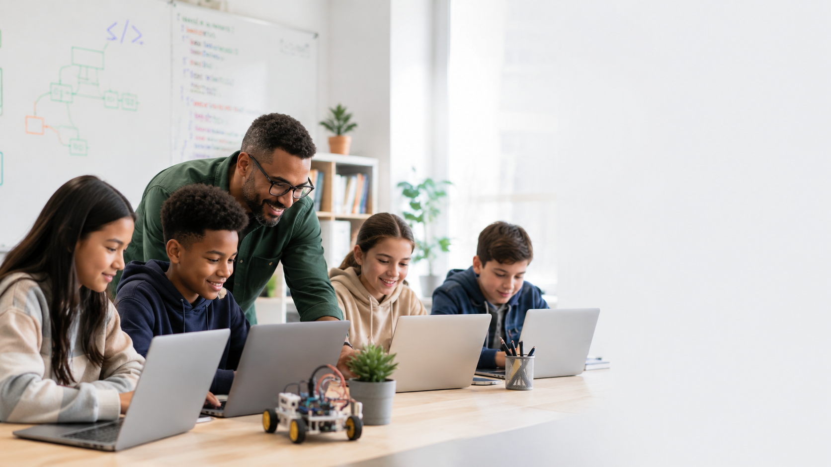 Students learning coding with a mentor through CodeBridge Academy