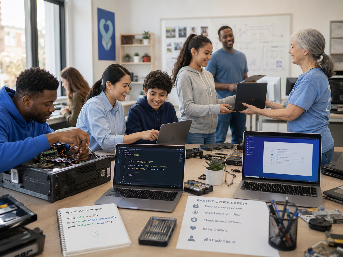 Volunteers refurbishing laptops for student technology access through RefurbIT at CodeBridge